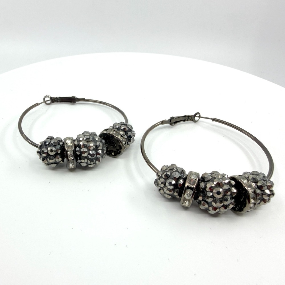 VTG Y2K Gunmetal Gray Disco Ball Rhinestone Hoop Earrings Sparkly Retro
